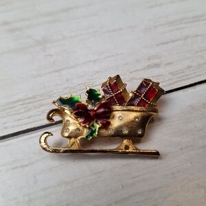 Vintage Goldtone Christmas Brooch Santas Sleigh Enamel Rhinestones Estate 1.5"